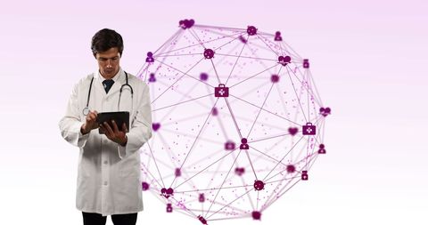Doctor Using Tablet with Medical Network Interface Background
