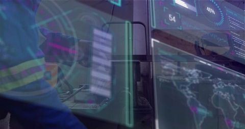 Technician monitoring industrial control room with HUD overlays and global data dashboards