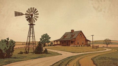 Rustic wooden nebraska farmhouse with windmill in sepia-toned countryside