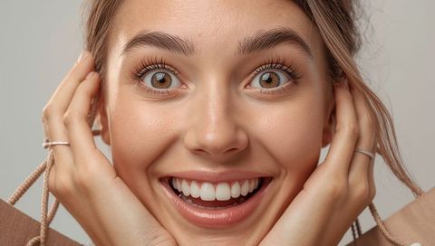 Excited young woman smiling while holding face and shopping bag handles, joyful headshot