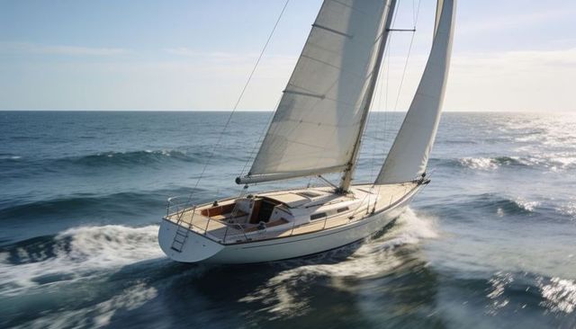 Sailing monohull yacht cutting through open ocean with full sails and teak cockpit