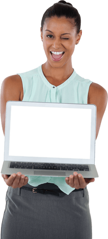 transparent winking businesswoman displaying laptop - Download Free Stock Videos Pikwizard.com