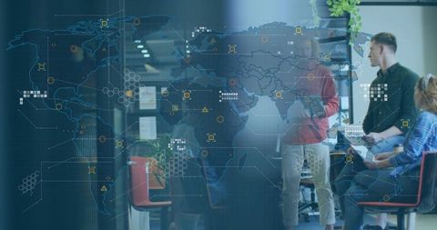 Global data collaboration team discussing analytics and technology in modern open office