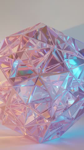 Shimmering Prismatic Crystal Sculpture Vertical Video Showing Pink and Cyan Light Reflections