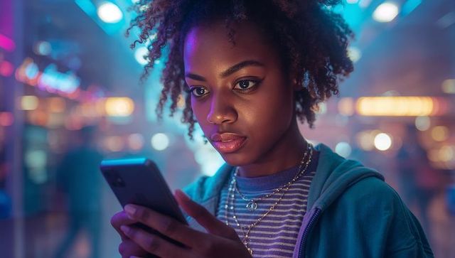 Woman Engaged with Smartphone in Neon Lit Urban Mall Evening