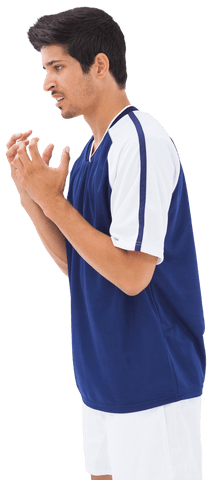 Transparent biracial male soccer player clenching hands role model
