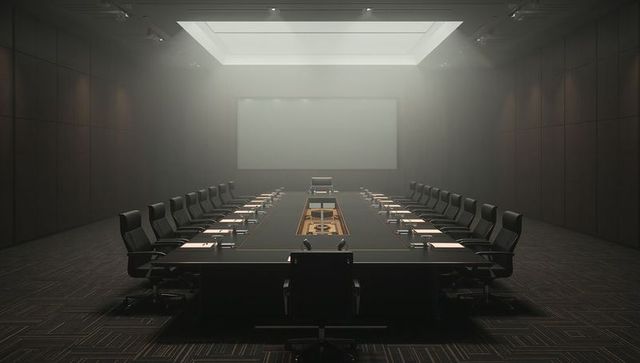 Minimalist executive boardroom with long conference table, cable trough and swivel chairs