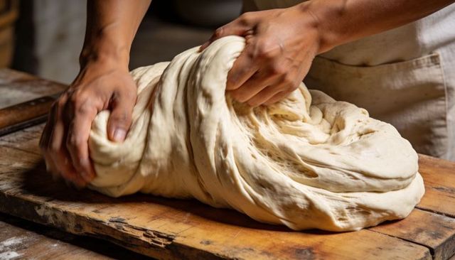 Hands Kneading Elastic Dough on Rustic Wooden Board in Artisan Bakery with Flour-Dusted Apron