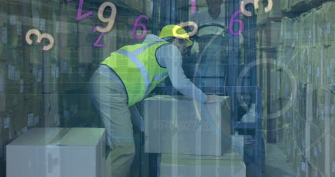 Warehouse Worker Handling Boxes with Financial Data Overlay
