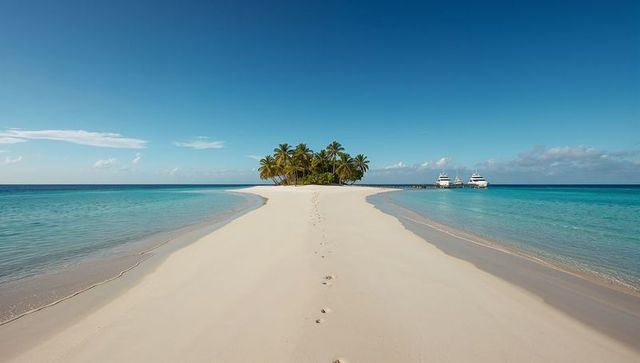 Tropical sand spit leading to palm islet with footprints and yachts at turquoise lagoon