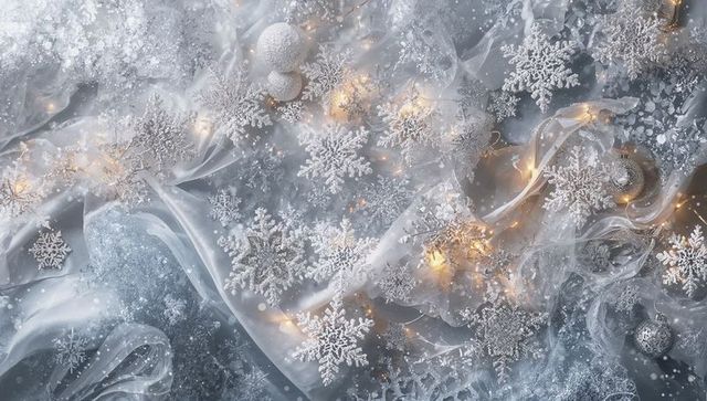 Silver snowflake ornaments arranging with warm fairy lights on ice-blue tulle flatlay