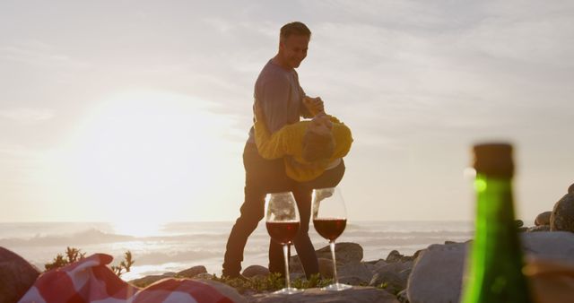 Couple Dancing at Beach During Sunset with Wine - Download Free Stock Images Pikwizard.com