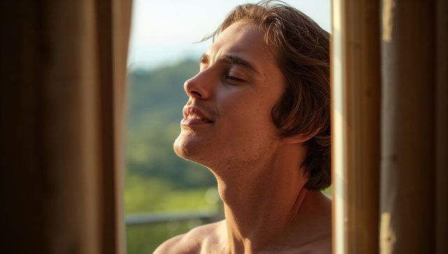Shirtless man leaning through bamboo rail soaking sunlight on veranda at golden hour