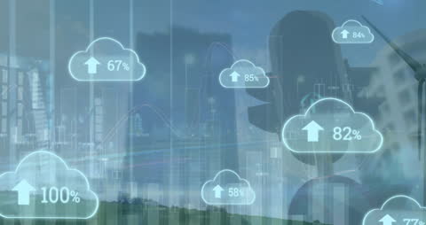 Digital Cityscape with Animated Data and Cloud Icons