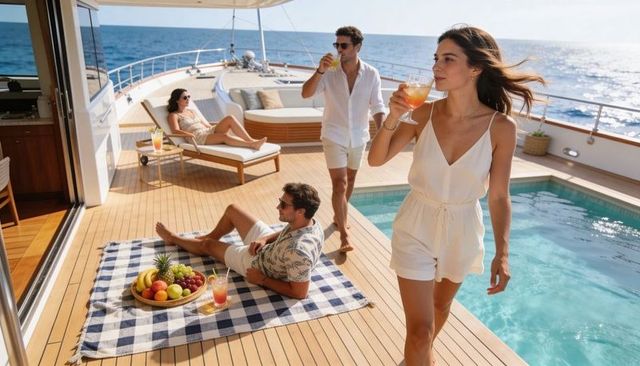 Sun-soaked friends enjoying cocktails on luxury yacht deck with pool and ocean view