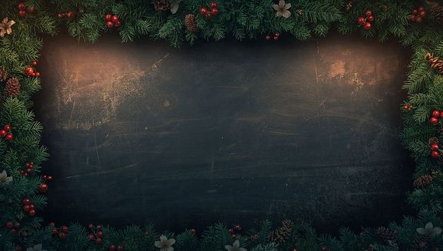 Festive fir garland with berries framing chalkboard