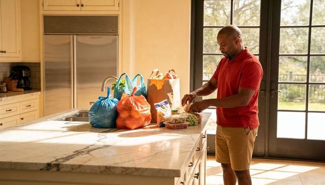 Man unpacking groceries and sorting produce on marble kitchen island in sunlit modern home