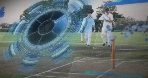Walking cricket teammates in whites on grassy pitch with futuristic hud analytics overlay