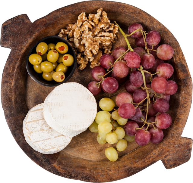 Transparent Wooden Bowl with Grapes, Olives, Nuts, and Cheese - Download Free Stock Videos Pikwizard.com