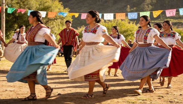 Dancing women in colorful embroidered blouses and pleated skirts at rural festival
