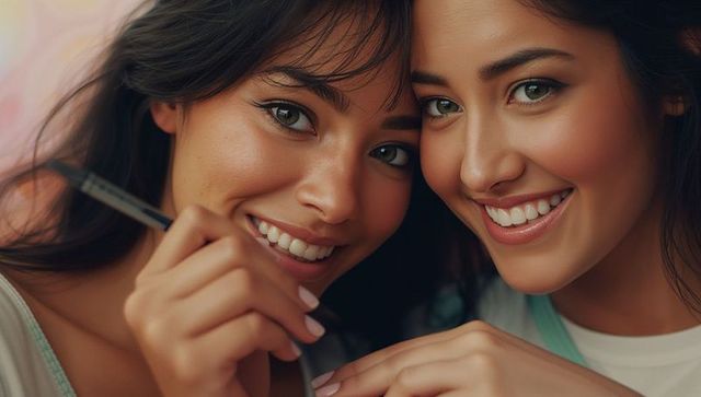 Smiling female friends posing together with pen indoors