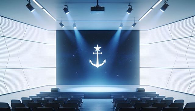 Futuristic conference stage with led anchor logo, spotlighted branding, minimal tech space