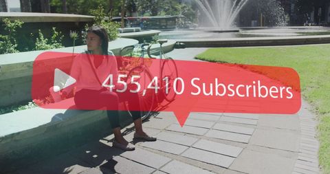 Woman Uses Smartphone in Park with Subscribers Overlay - Download Free Stock Images Pikwizard.com