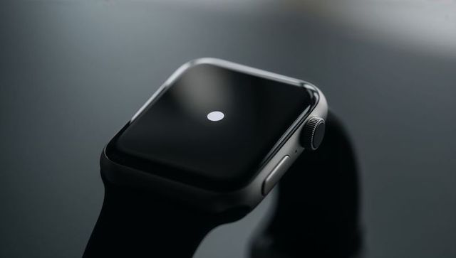 Sleek rectangular smartwatch on gloss surface showing digital crown and minimal interface