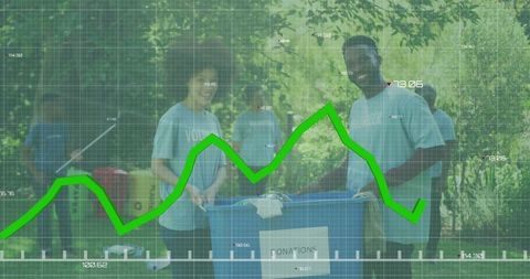 Volunteers Sorting Donations in Park While Discussing Progress Chart