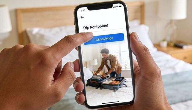 Man acknowledging trip postponed notification on smartphone while pausing travel packing