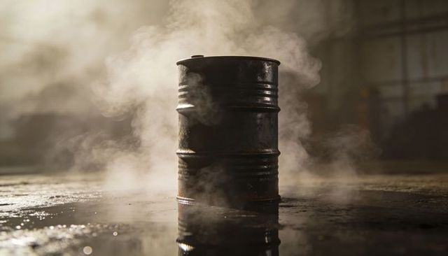 Rusty oil drum standing in puddles with rising steam, reflecting moody warehouse light