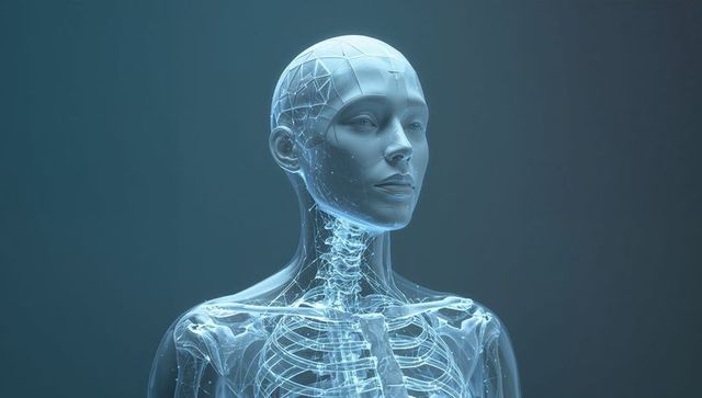 Translucent humanoid bust revealing glowing skeletal and neural mesh for AI medical concept