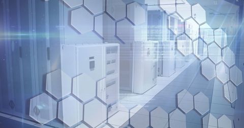 Modern Server Room with Digital Hexagonal Overlay - Download Free Stock Images Pikwizard.com