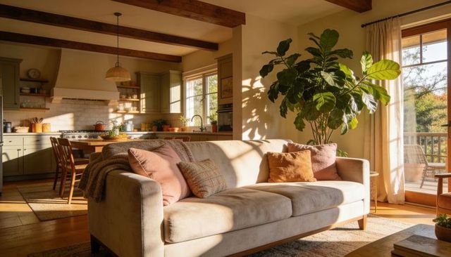 Sunlit cozy living room bathing beige sofa, open kitchen, fiddle leaf fig, exposed beams