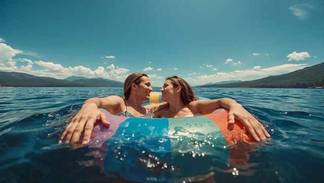 Two women floating on striped inflatable ring in alpine lake smiling and relaxing