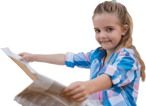 Smiling Girl with Transparent Map Navigating Journey - Download Free Stock Videos Pikwizard.com