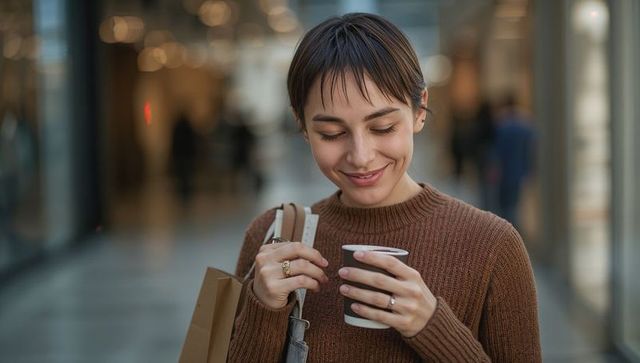 Smiling woman enjoying takeaway coffee while shopping with paper bag in cozy mall