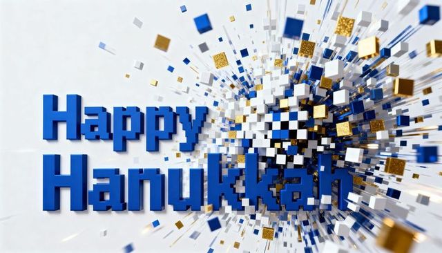 Exploding happy hanukkah 3d text radiating blue gold cubes glitter confetti burst