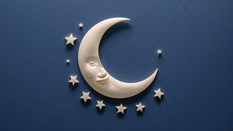Crescent moon and stars wall art on deep blue background