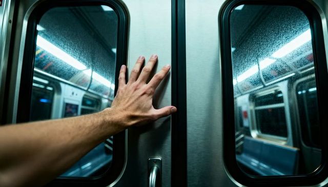 Bare hand pressing metal subway doors, urban commute close-up with reflections and neon