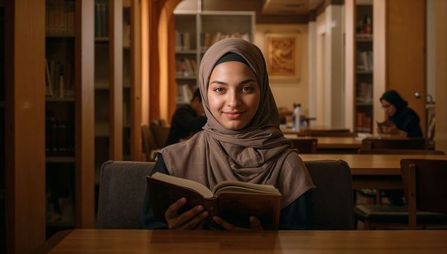 Young woman wearing beige hijab studying with hardcover book in cozy library