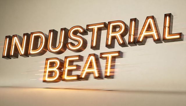 Glowing 3d metallic neon typography industrial beat casting long shadows on beige wall