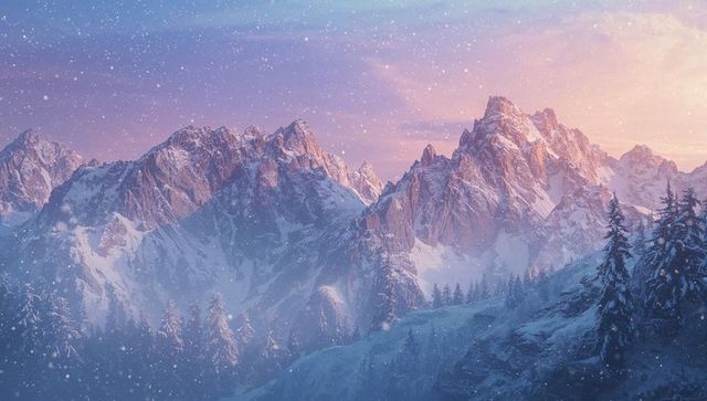Twilight Snow-Capped Mountains with Falling Snow and Pine Trees
