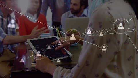 Diverse Team Collaborating with Digital Technology and Global Network Overlay