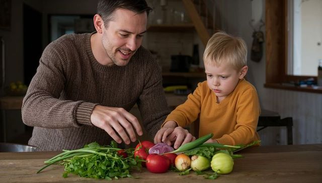 Father teaching young son preparing fresh vegetables on rustic wooden kitchen table, smiling warmly