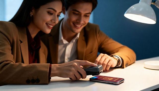 Smiling couple scanning mobile passport with reader for secure check-in at front desk