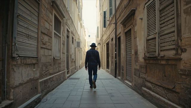 Solo male walking through narrow historic alleyway wearing brimmed hat and plaid shirt