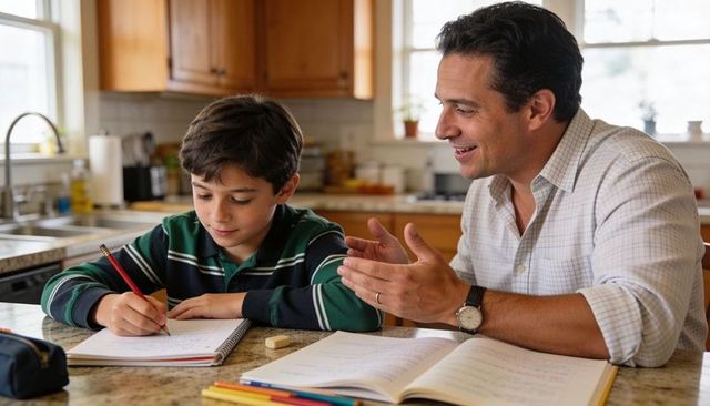 Father guiding son doing homework at kitchen counter, tutoring moment in warm daylight