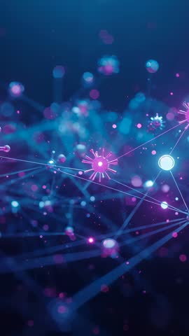 Pulsing magenta node sending signals through neon cyan mesh, abstract network vertical loop