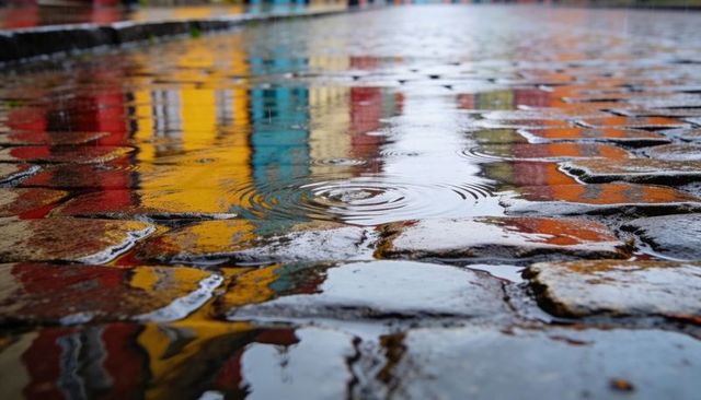 Colorful cobblestone reflecting rain ripples on glossy wet urban street paving